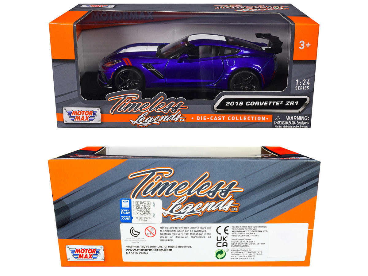 2019 Chevrolet Corvette ZR1 Blue Metallic and White "Timeless Legends" Series 1/24 Diecast Model Car by Motormax-2