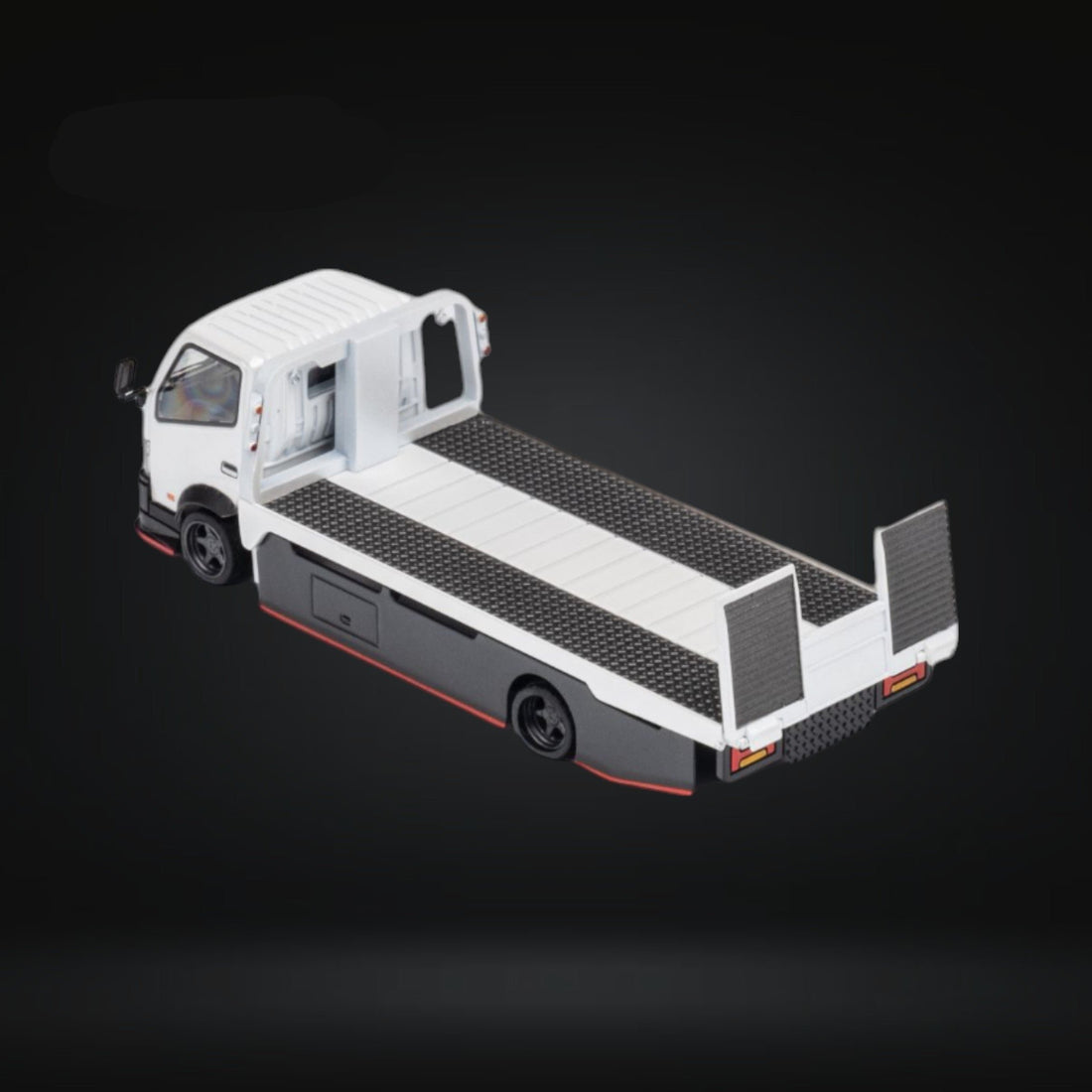 HINO 300 Custom Flatbed Truck in White 1:64 by MicroTurbo MT6405A6 Angled Rear View