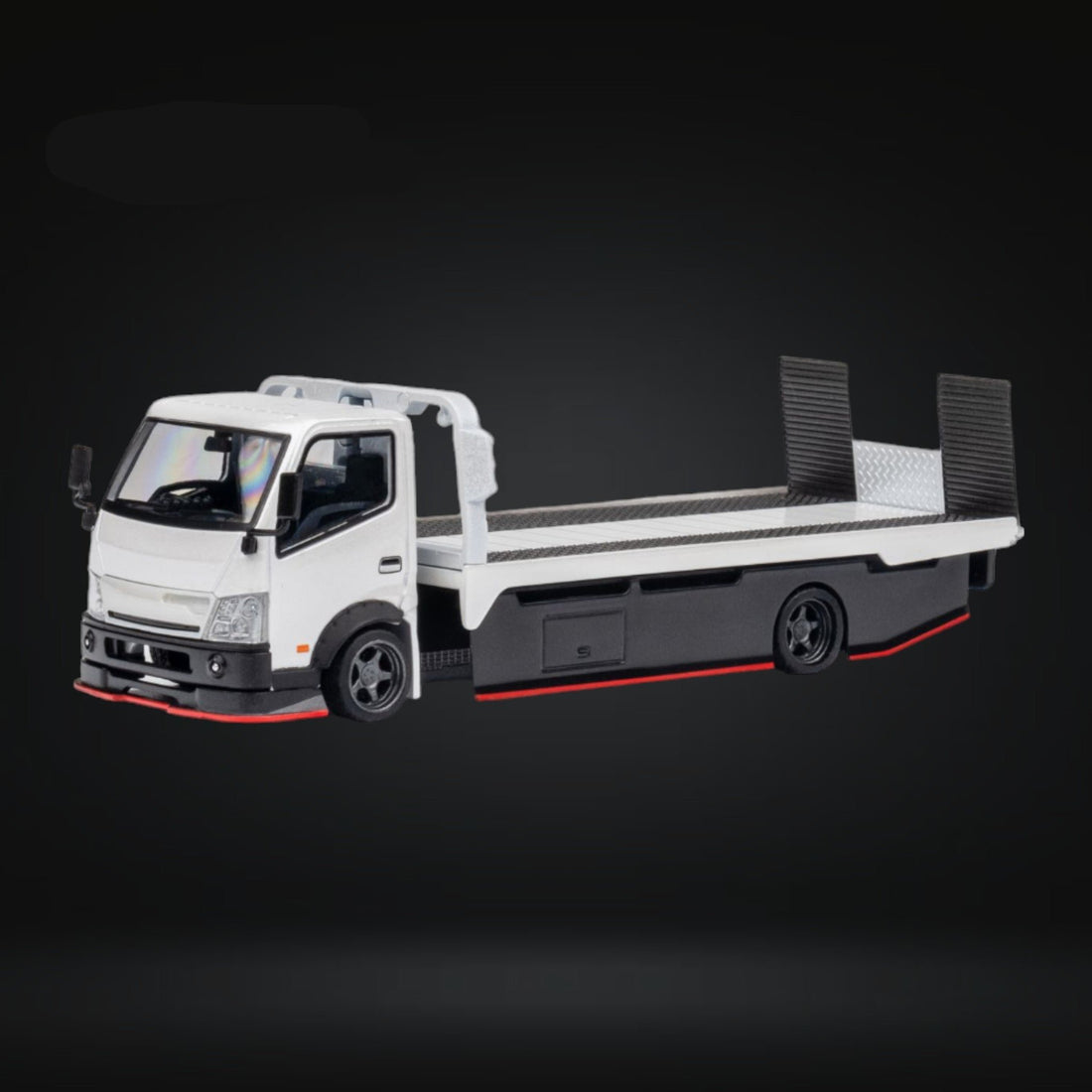 HINO 300 Custom Flatbed Truck in White 1:64 by MicroTurbo MT6405A6 Angled Front View