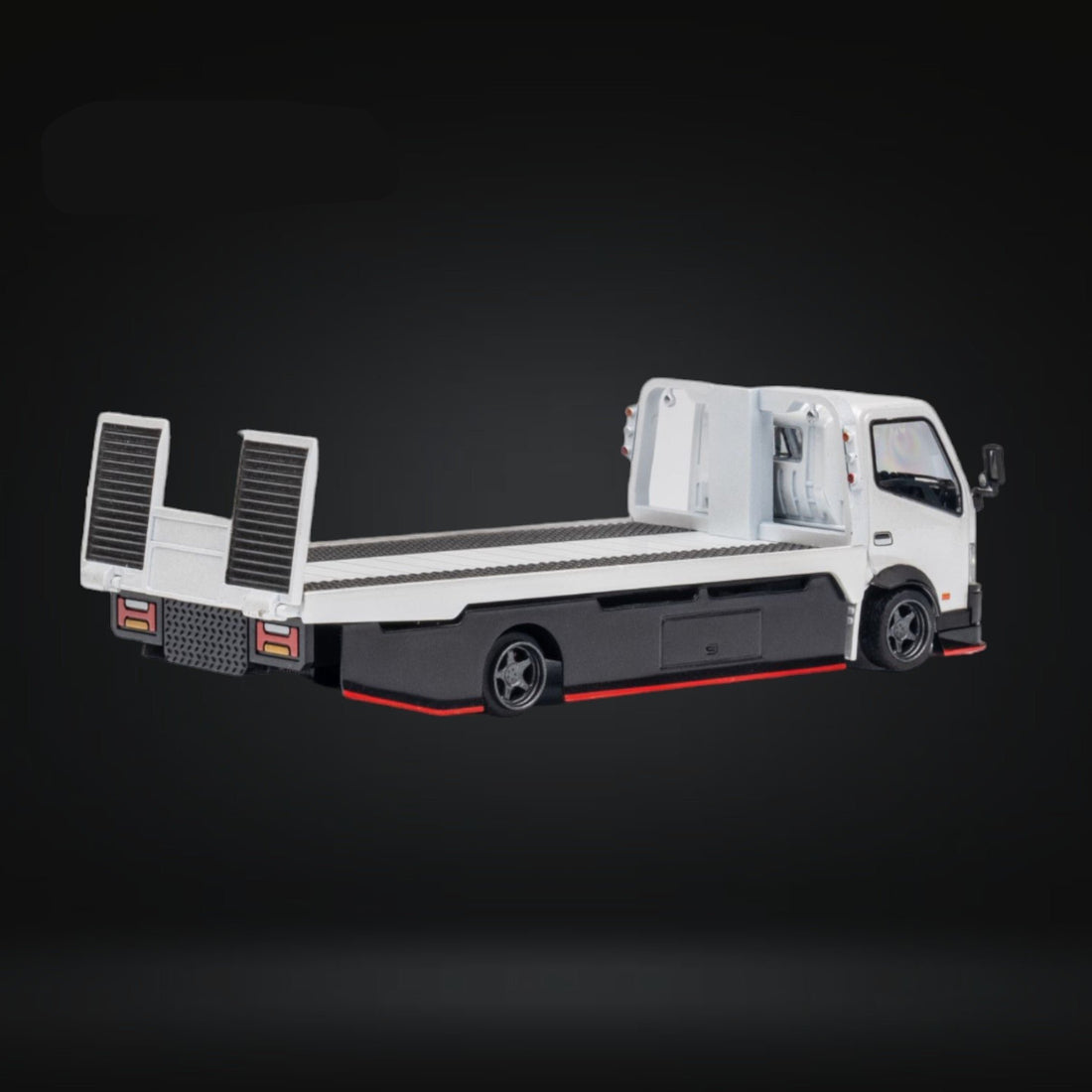 HINO 300 Custom Flatbed Truck in White 1:64 by MicroTurbo MT6405A6 Angled Passenger Side Rear View