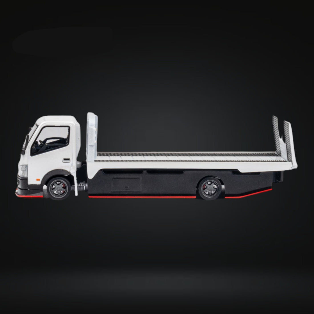 HINO 300 Custom Flatbed Truck in White 1:64 by MicroTurbo MT6405A6 Left Hand Side View