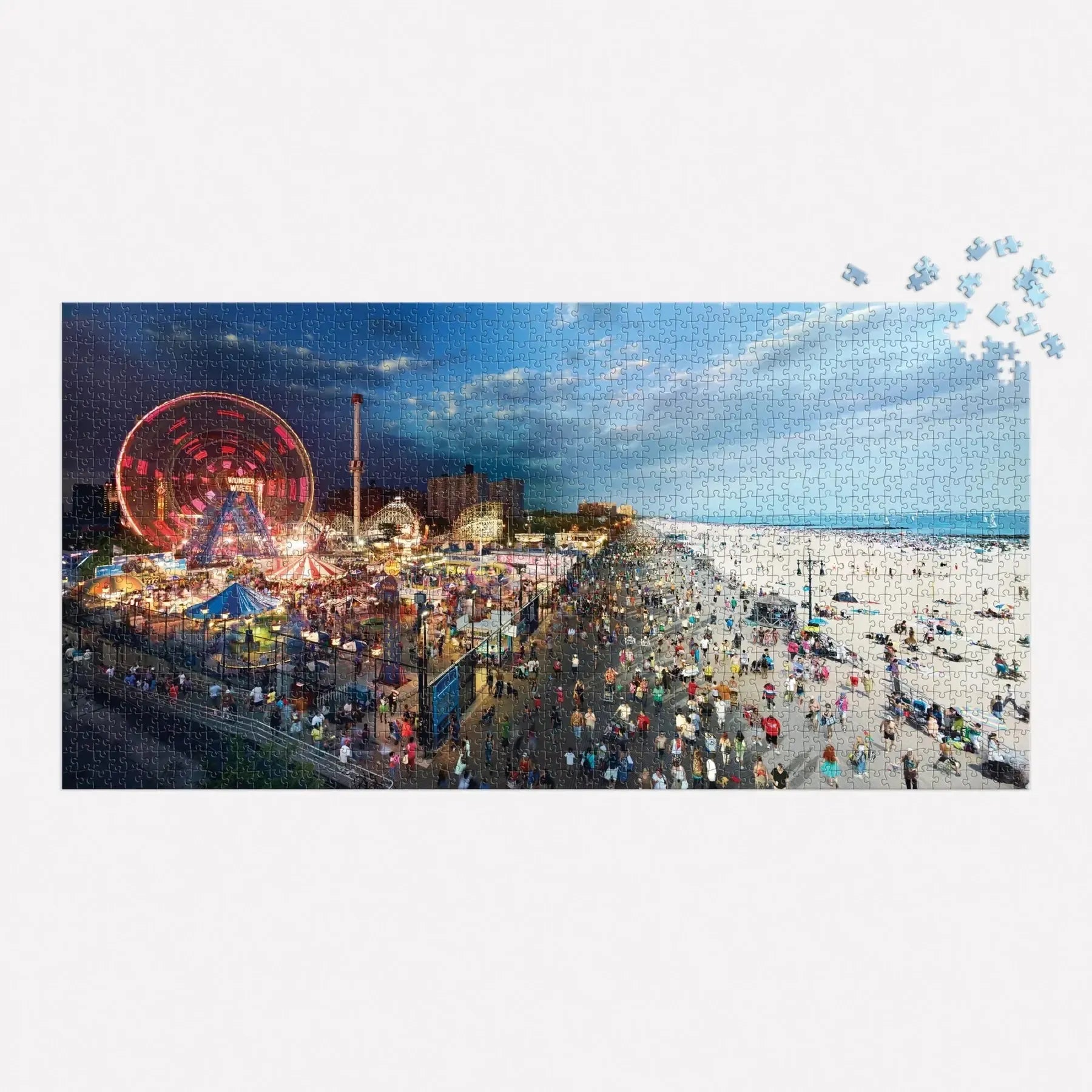 Galison Day to Night Coney Island 1500 Piece Jigsaw Puzzle featuring Stephen Wilkes panoramic New York City photography - completed view 2