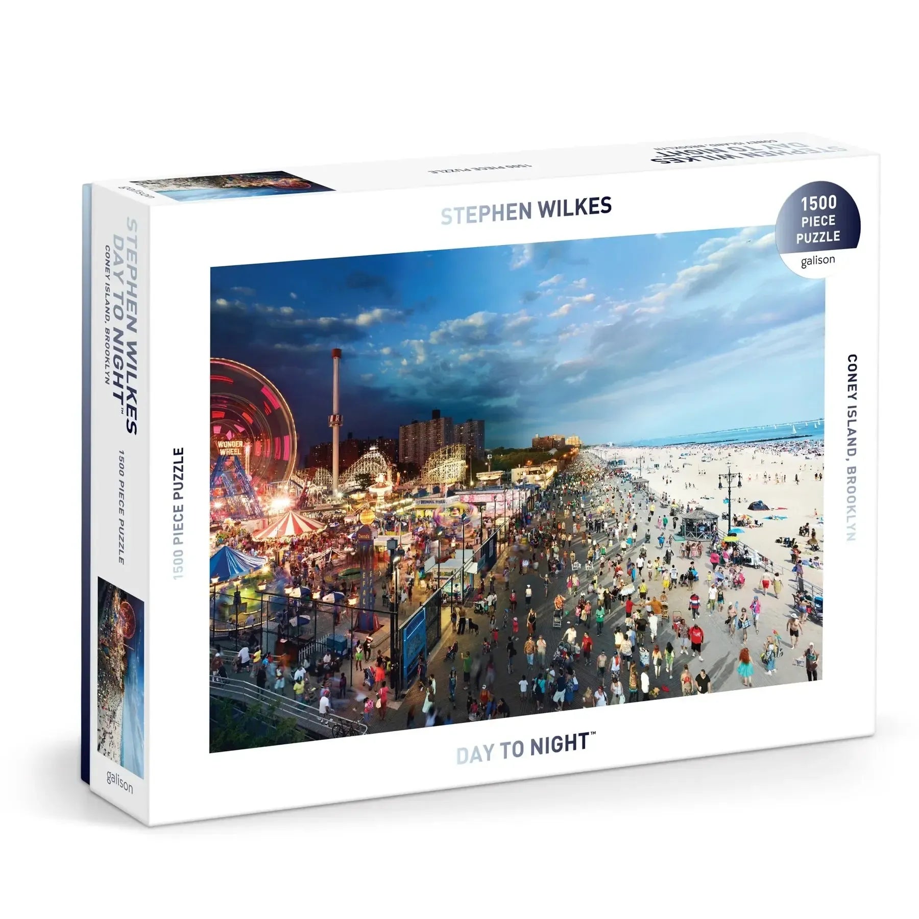 Galison Day to Night Coney Island 1500 Piece Jigsaw Puzzle featuring Stephen Wilkes panoramic New York City photography