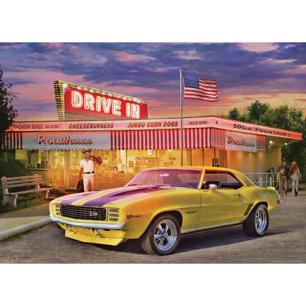 Daytona Yellow 1969 Camaro Z/28 classic muscle car puzzle artwork at drive-in