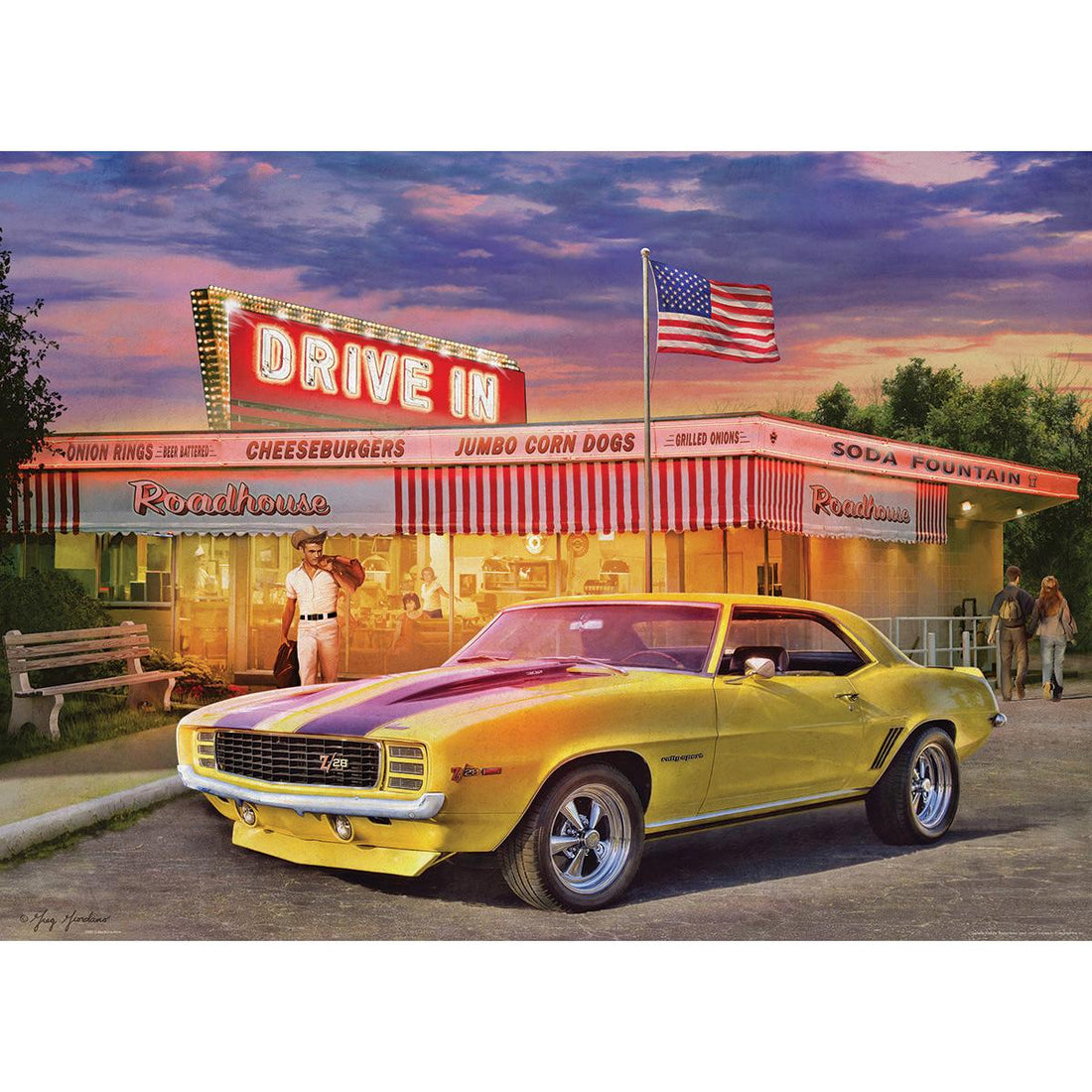 Daytona Yellow 1969 Camaro Z/28 classic muscle car puzzle artwork at drive-in