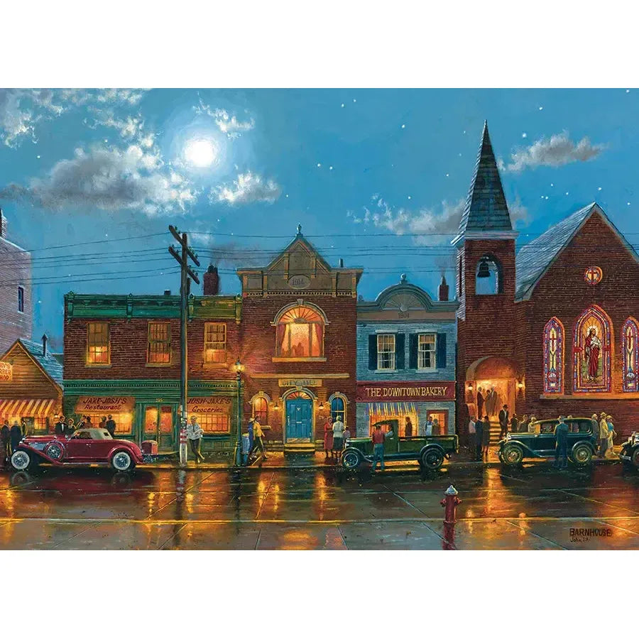 Cobble Hill Evening Service 1000 Piece Jigsaw Puzzle featuring a church and nostalgic small-town street at night - image