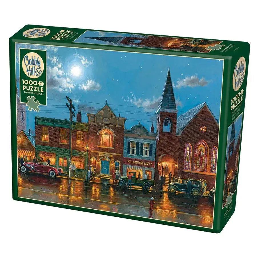 Cobble Hill Evening Service 1000 Piece Jigsaw Puzzle featuring a church and nostalgic small-town street at night