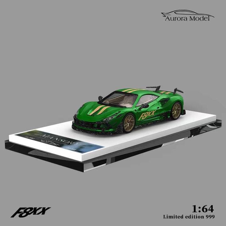 Ferrari F8 Tributo Mansory F8XX 1:64 Scale Diecast Model by Aurora Model Mounted View in Green.