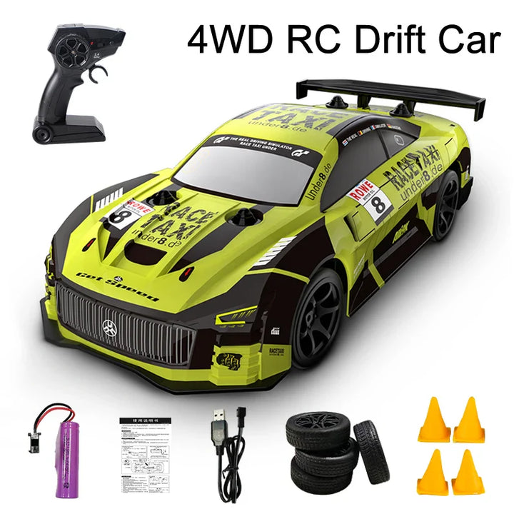 Yellow JJRC Q165 remote control drift car featuring rechargeable battery and precision steering