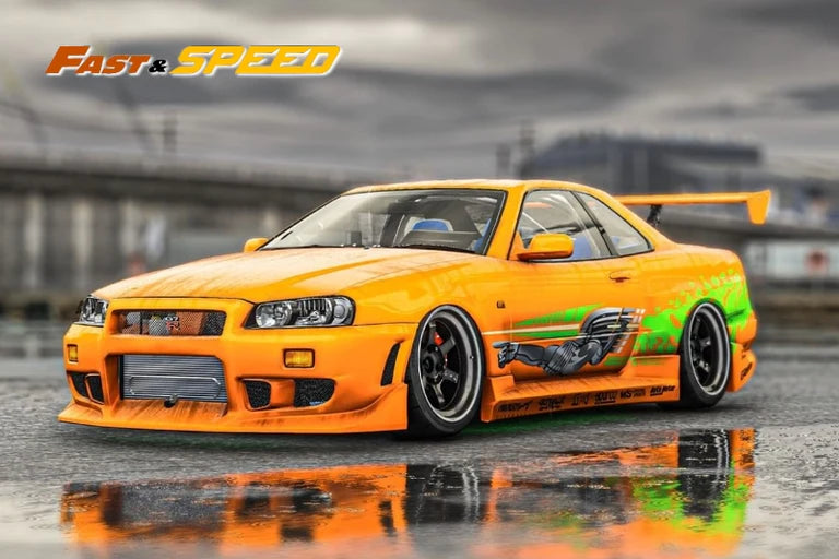 Nissan Skyline GT-R R34 Z-Tune High Wing Edition FNS Livery Amber Orange 1:64 Scale Diecast Model by Fast Speed