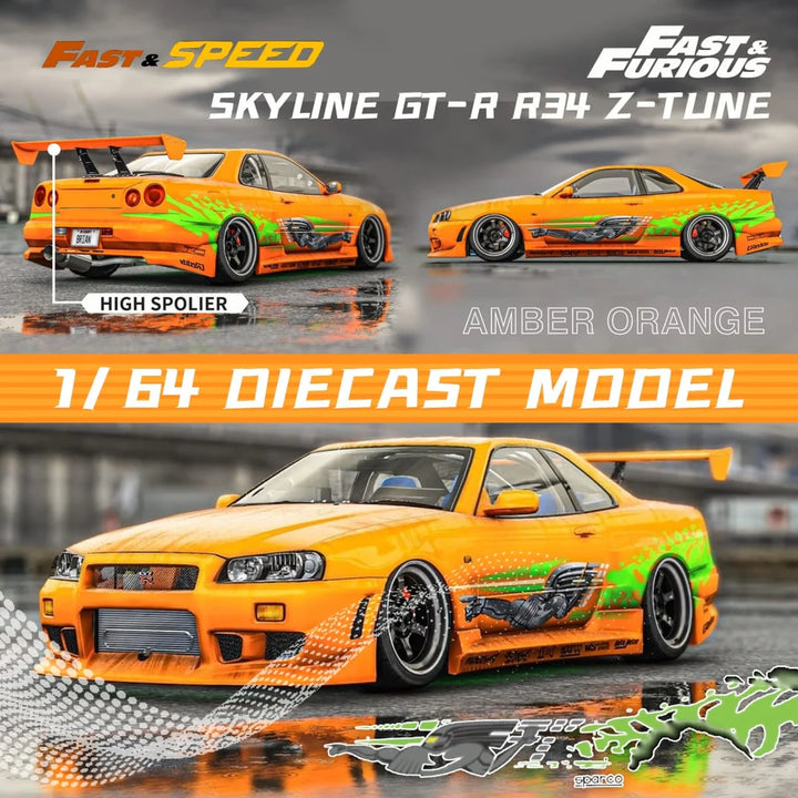 Nissan Skyline GT-R R34 Z-Tune High Wing Edition FNS Livery Amber Orange 1:64 Scale Diecast Model by Fast Speed Multi View