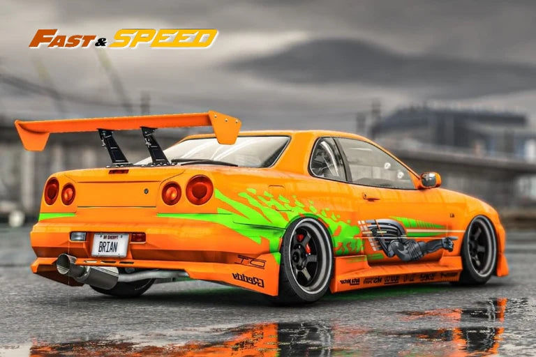 Nissan Skyline GT-R R34 Z-Tune High Wing Edition FNS Livery Amber Orange 1:64 Scale Diecast Model by Fast Speed Rear View