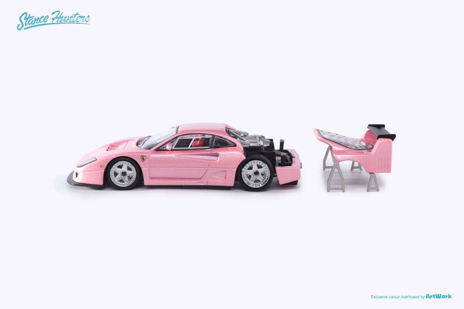 Ferrari F40 LM in Pink 1:64 Scale Diecast Model by Stance Hunters Open Engine View