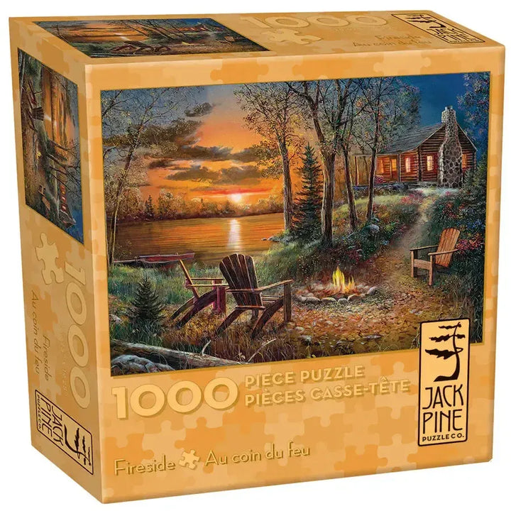 Jack Pine Fireside 1000 Piece Jigsaw Puzzle featuring a cozy lakeside cabin, campfire and colorful sunset wilderness scene