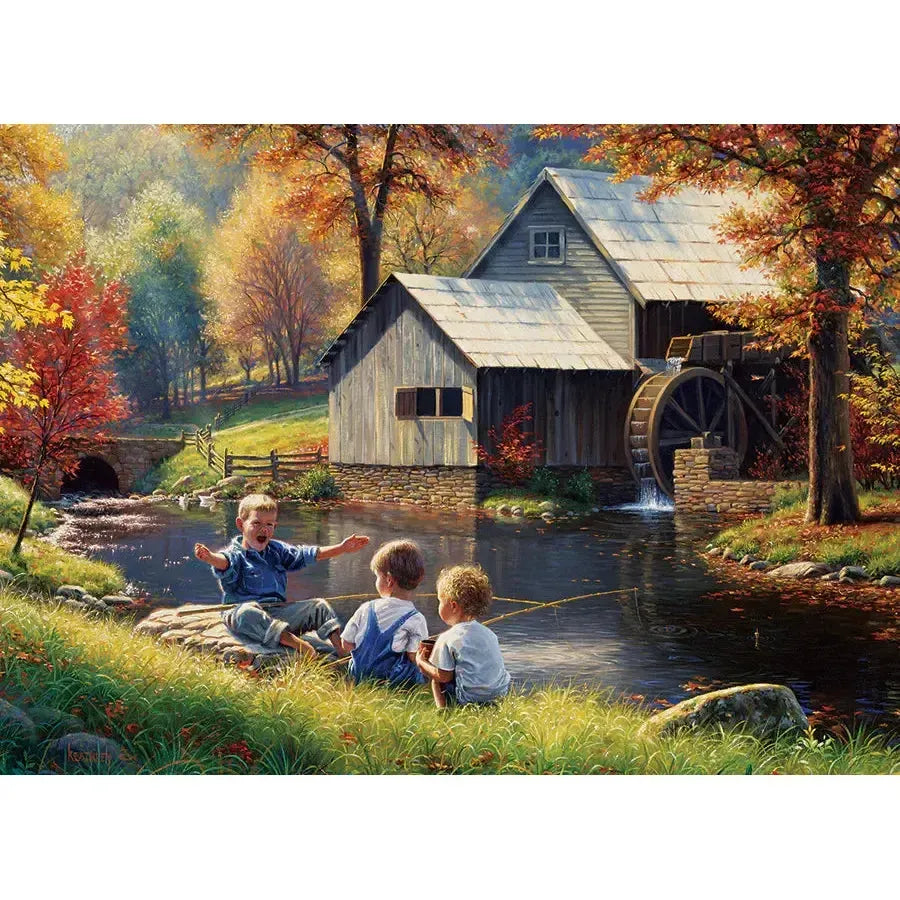 Jack Pine Fish Story 1000 Piece Jigsaw Puzzle featuring people fishing beside a rustic mill in an autumn landscape - image