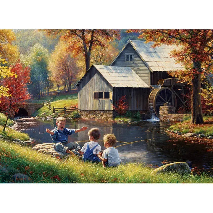 Jack Pine Fish Story 1000 Piece Jigsaw Puzzle featuring people fishing beside a rustic mill in an autumn landscape - image