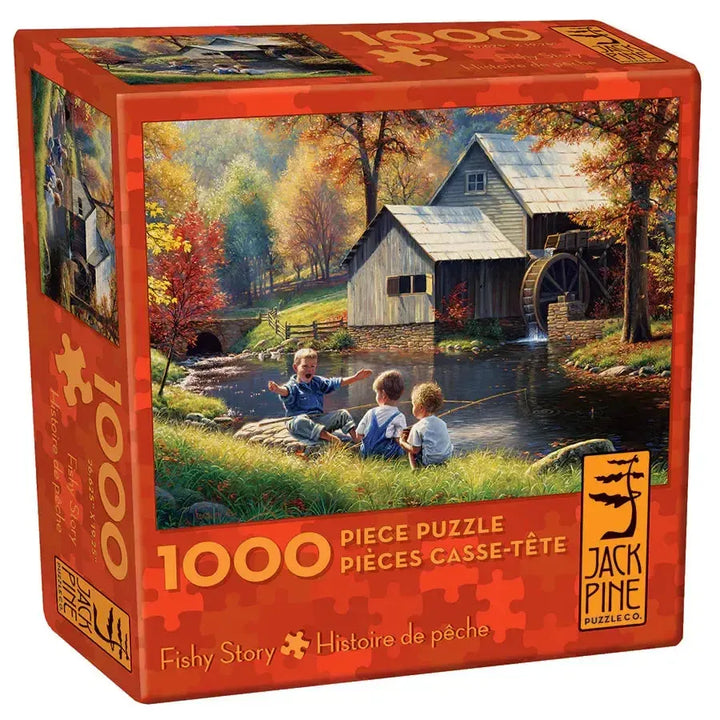 Jack Pine Fish Story 1000 Piece Jigsaw Puzzle featuring people fishing beside a rustic mill in an autumn landscape
