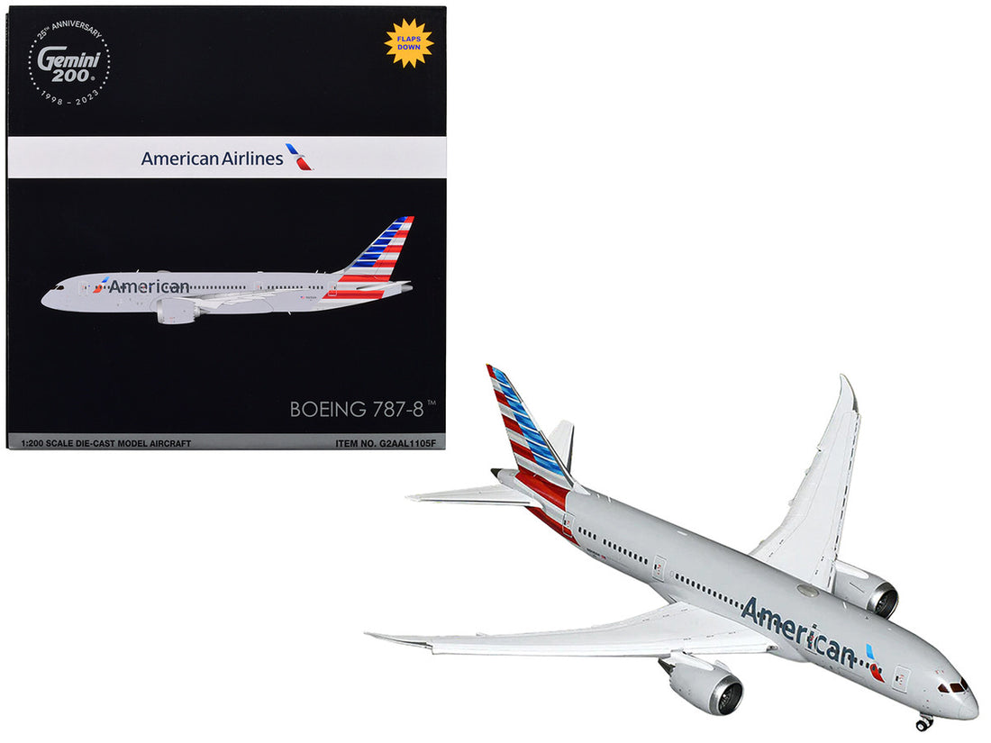 Boeing 787-8 Commercial Aircraft with Flaps Down "American Airlines" Gray with Tail Stripes "Gemini 200" Series 1/200 Diecast Model Airplane by GeminiJets-0