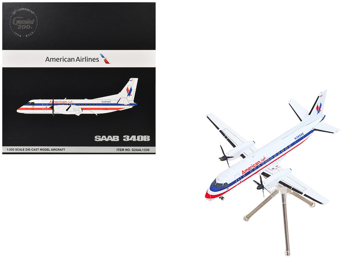 Saab 340B Commercial Aircraft "American Eagle" (N389AE) White with Red and Blue Stripes "Gemini 200" Series 1/200 Diecast Model Airplane by GeminiJets-4