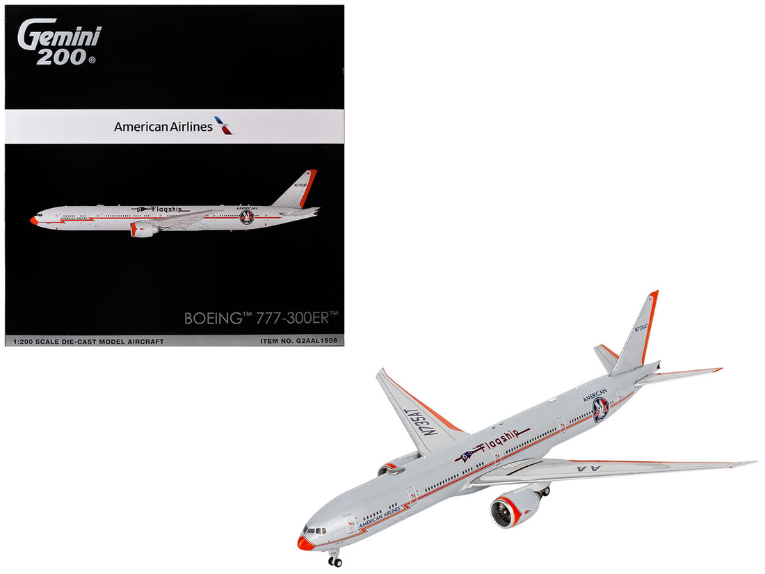 Boeing 777-300ER Commercial Aircraft "American Airlines - Flagship DFW" (N735AT) Silver with Otange Stripes "Gemini 200" Series 1/200 Diecast Model by GeminiJets-0