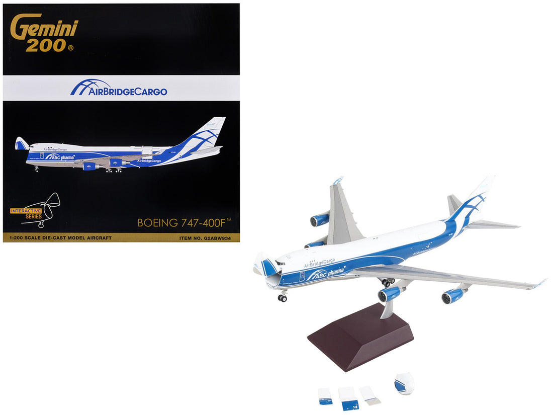 Boeing 747-400F Commercial Aircraft "AirBridgeCargo Airlines" White with Blue Stripes "Gemini 200 - Interactive" Series 1/200 Diecast Model Airplane by GeminiJets-0