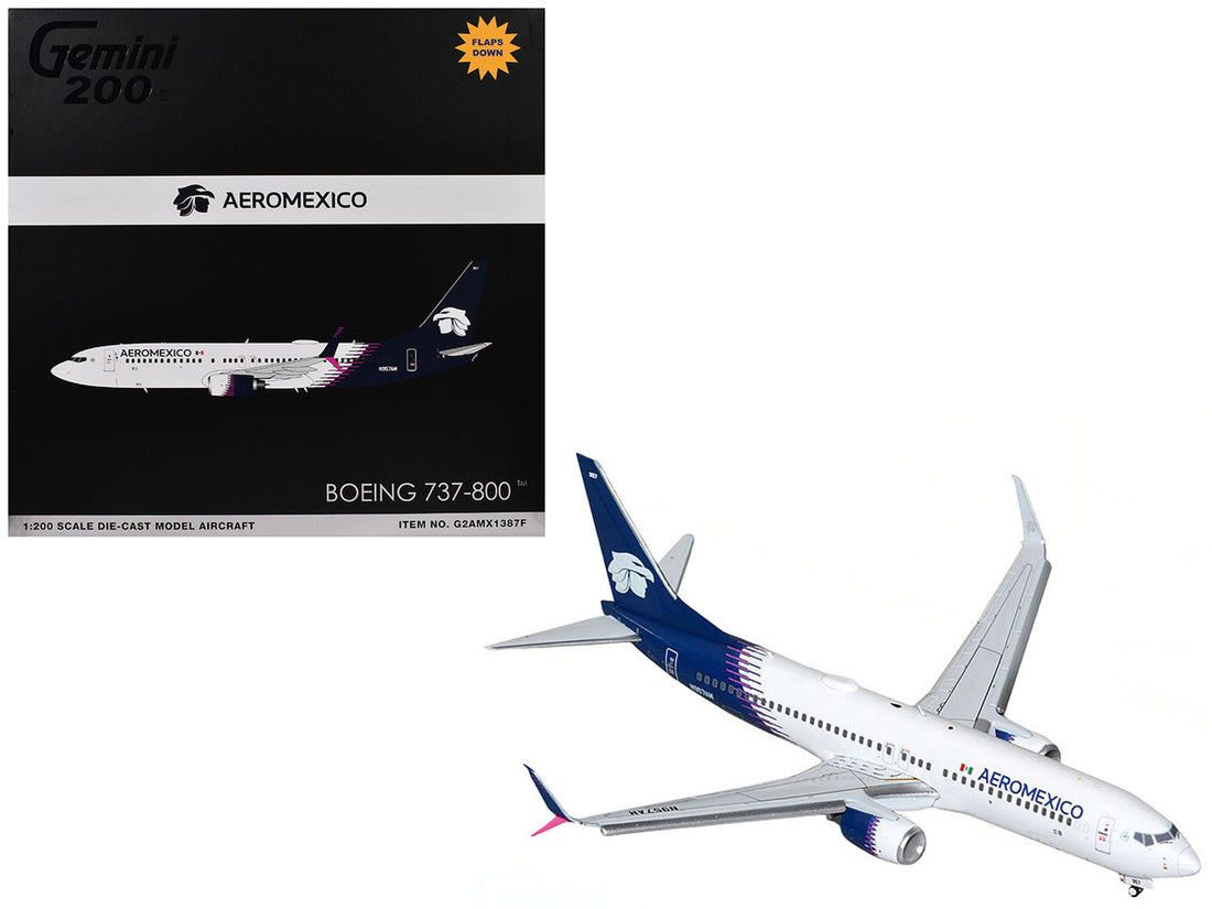 Boeing 737-800 Commercial Aircraft with Flaps Down "AeroMexico" (N957AM) White with Dark Blue Tail "Gemini 200" Series 1/200 Diecast Model Airplane by GeminiJets-0