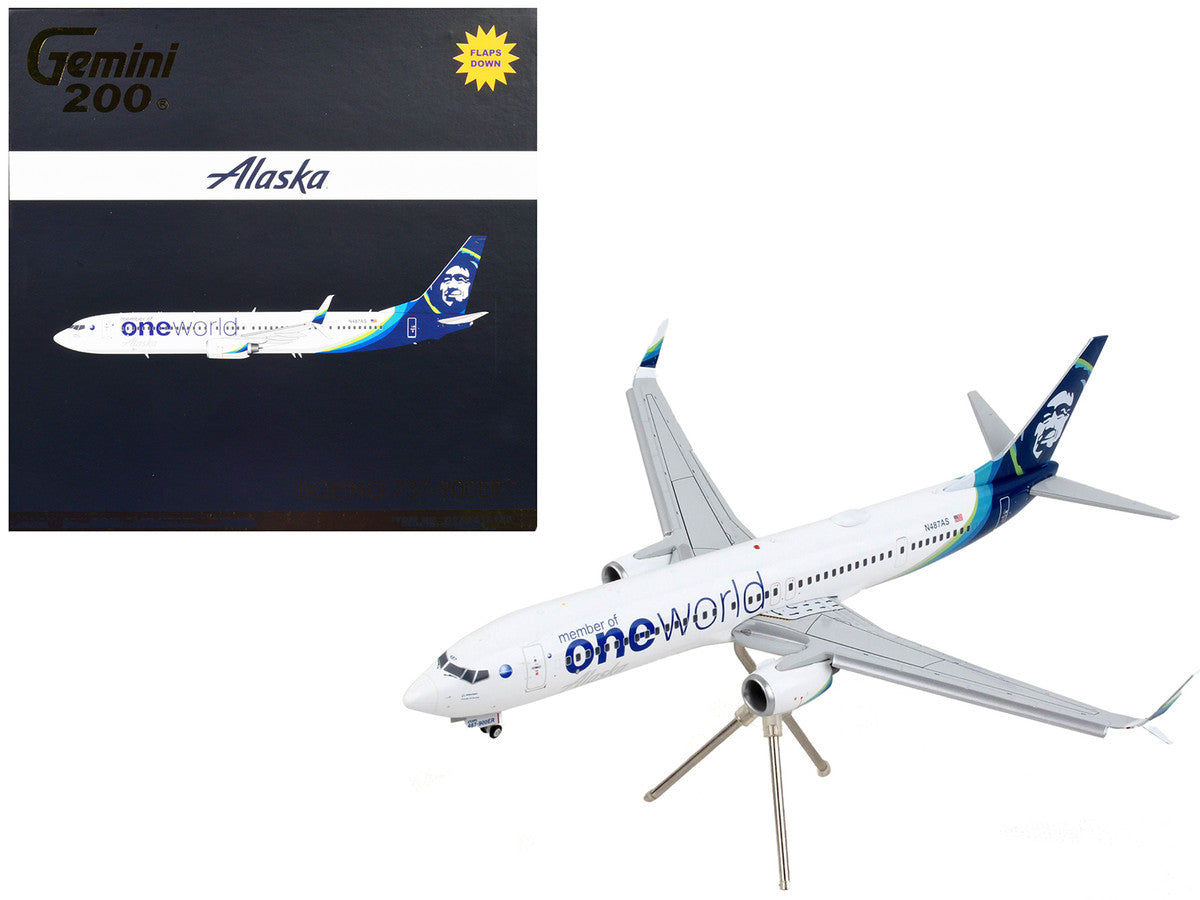 Boeing 737-900ER Commercial Aircraft with Flaps Down "Alaska Airlines - One World" White with Blue Tail "Gemini 200" Series 1/200 Diecast Model Airplane by GeminiJets-0