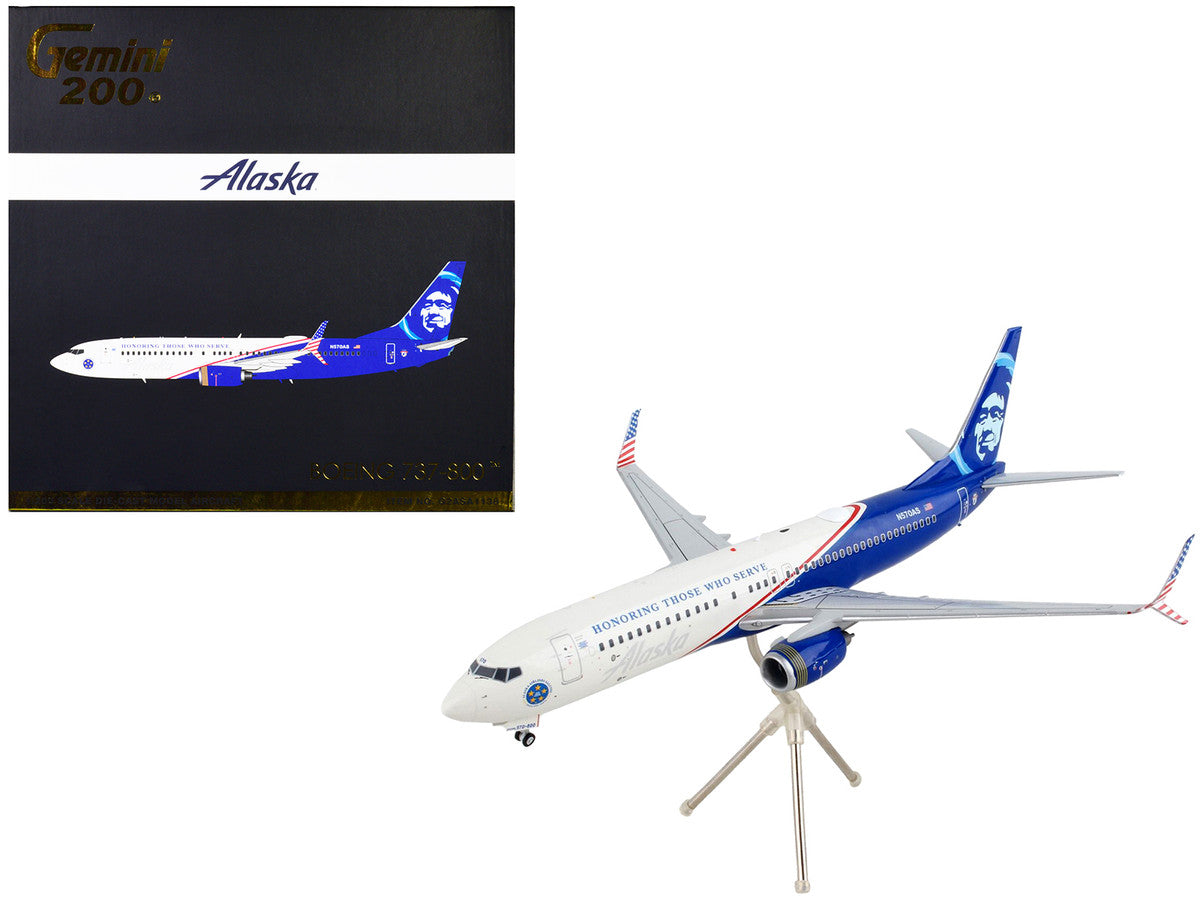 Boeing 737-800 Commercial Aircraft "Alaska Airlines - Honoring Those Who Serve" White and Blue "Gemini 200" Series 1/200 Diecast Model Airplane by GeminiJets-0