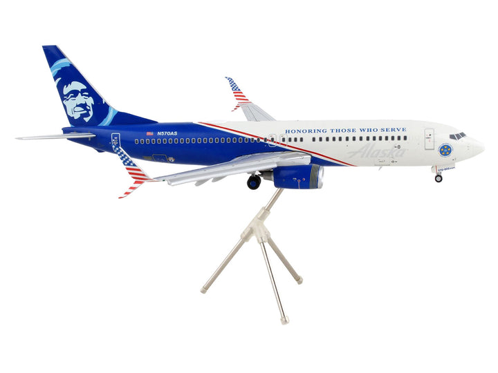 Boeing 737-800 Commercial Aircraft with Flaps Down "Alaska Airlines - Honoring Those Who Serve" White and Blue "Gemini 200" Series 1/200 Diecast Model Airplane by GeminiJets-1