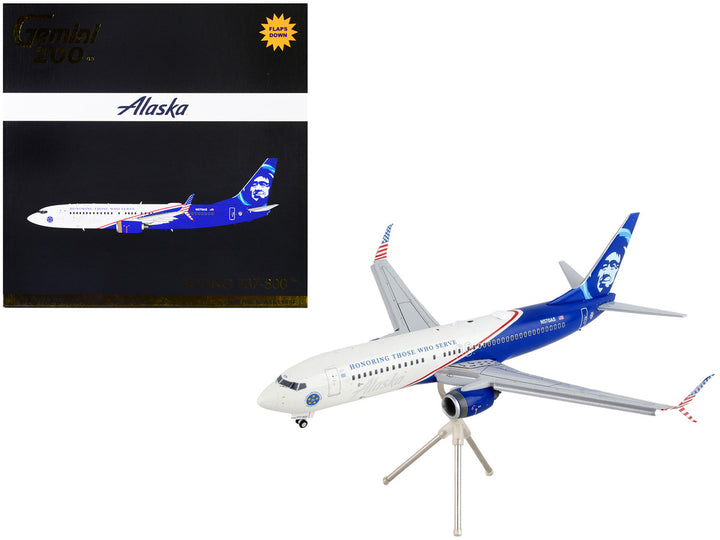 Boeing 737-800 Commercial Aircraft with Flaps Down "Alaska Airlines - Honoring Those Who Serve" White and Blue "Gemini 200" Series 1/200 Diecast Model Airplane by GeminiJets-0