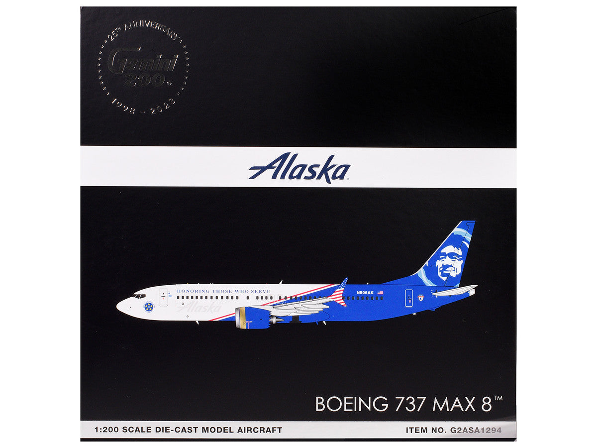 Boeing 737 MAX 8 Commercial Aircraft "Alaska Airlines - Honoring Those Who Serve" (N806AK) White and Blue "Gemini 200" Series 1/200 Diecast Model Airplane by GeminiJets-1