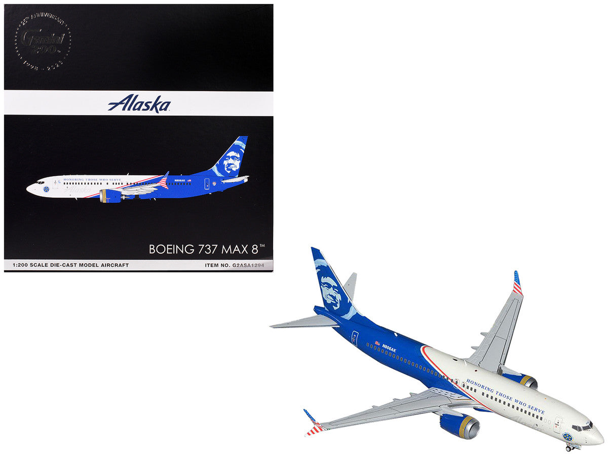 Boeing 737 MAX 8 Commercial Aircraft "Alaska Airlines - Honoring Those Who Serve" (N806AK) White and Blue "Gemini 200" Series 1/200 Diecast Model Airplane by GeminiJets-2