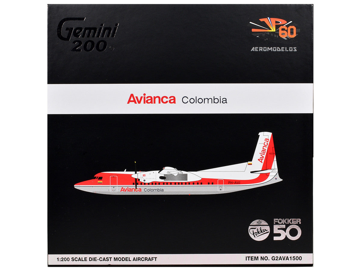 Fokker F50 Commercial Aircraft "Avianca Colombia" (PH-AVJ) White with Red Stripes "Gemini 200" Series 1/200 Diecast Model Airplane by GeminiJets-2