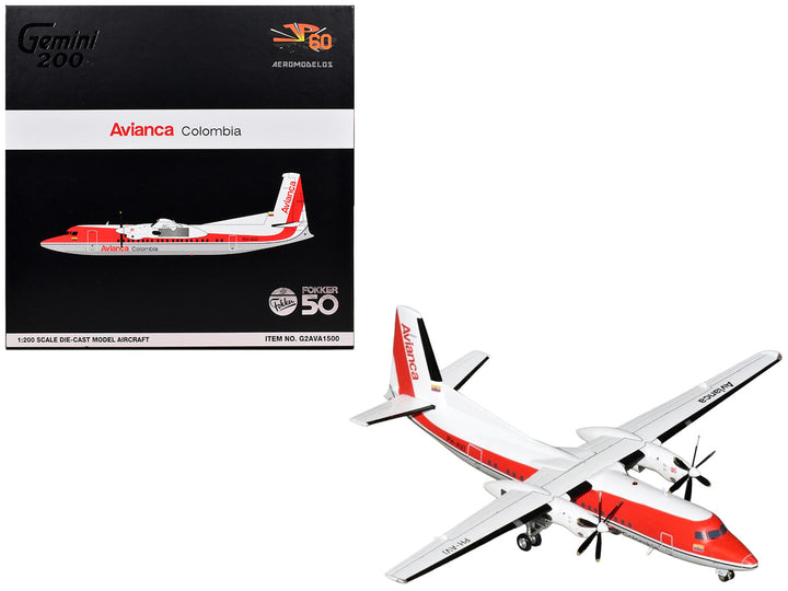 Fokker F50 Commercial Aircraft "Avianca Colombia" (PH-AVJ) White with Red Stripes "Gemini 200" Series 1/200 Diecast Model Airplane by GeminiJets-0