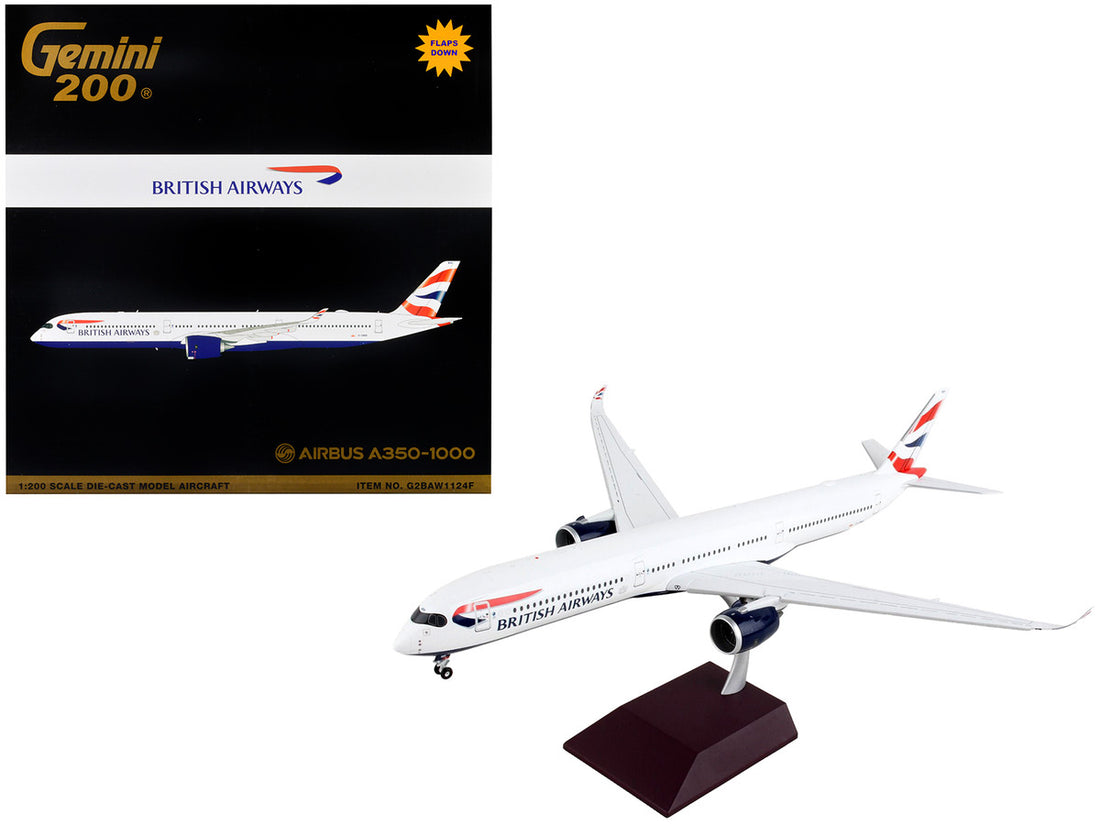 Airbus A350-1000 Commercial Aircraft with Flaps Down "British Airways" White with Striped Tail "Gemini 200" Series 1/200 Diecast Model Airplane by GeminiJets-0