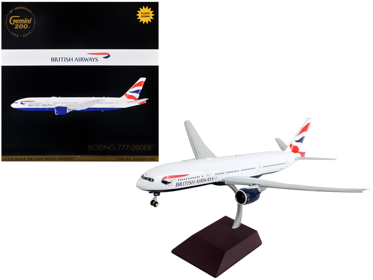 Boeing 777-200ER Commercial Aircraft with Flaps Down "British Airways" White with Striped Tail "Gemini 200" Series 1/200 Diecast Model Airplane by GeminiJets-0