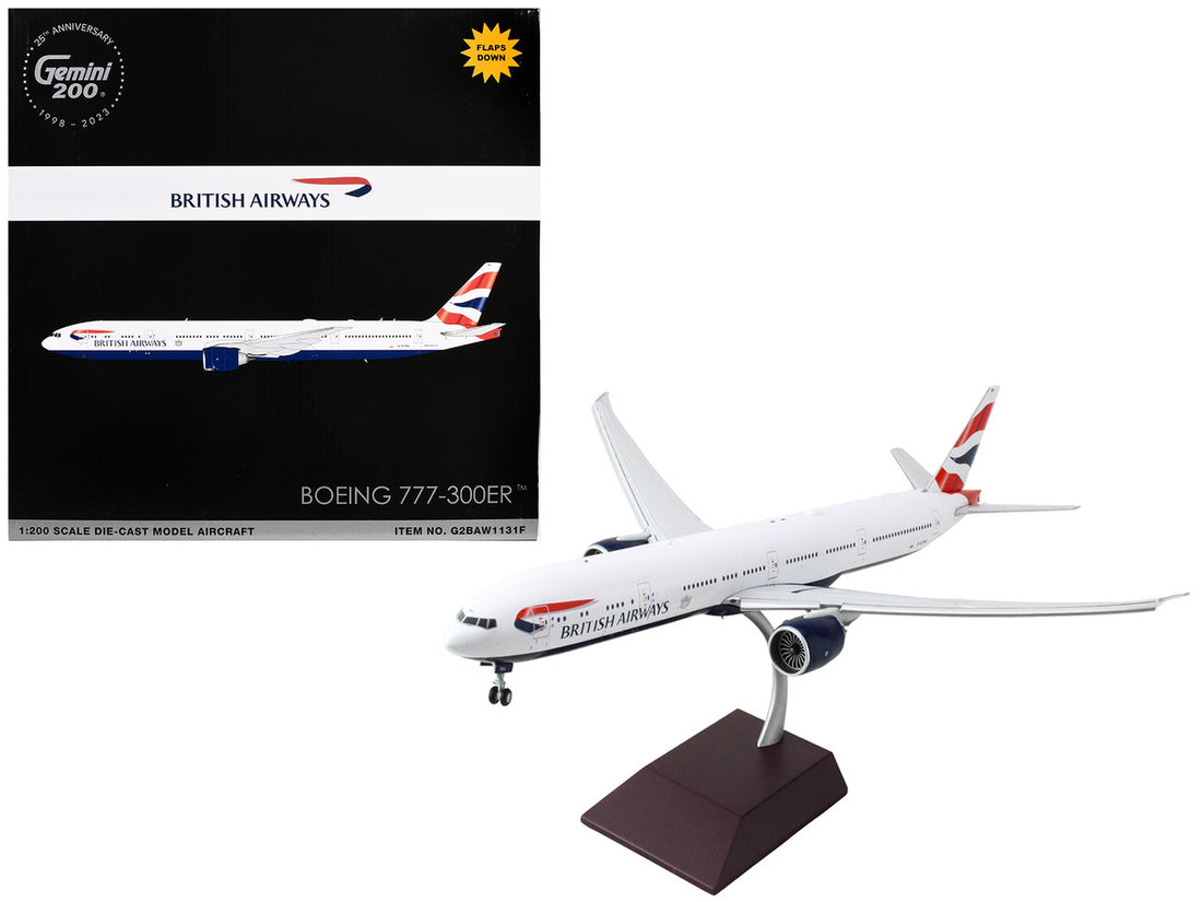 Boeing 777-300ER Commercial Aircraft with Flaps Down "British Airways" (G-STBH) White with Striped Tail "Gemini 200" Series 1/200 Diecast Model Airplane by GeminiJets-2