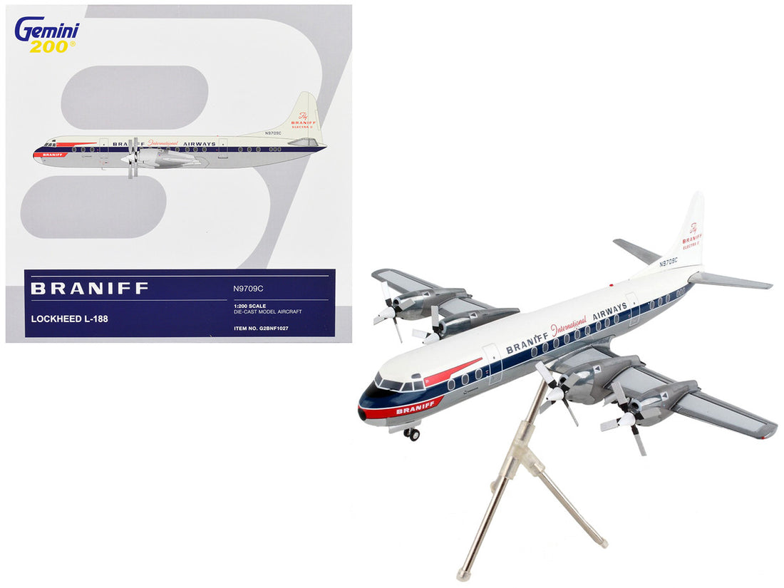 Lockheed L-188 Electra Commercial Aircraft "Braniff International Airways" White with Blue Stripes "Gemini 200" Series 1/200 Diecast Model Airplane by GeminiJets-0