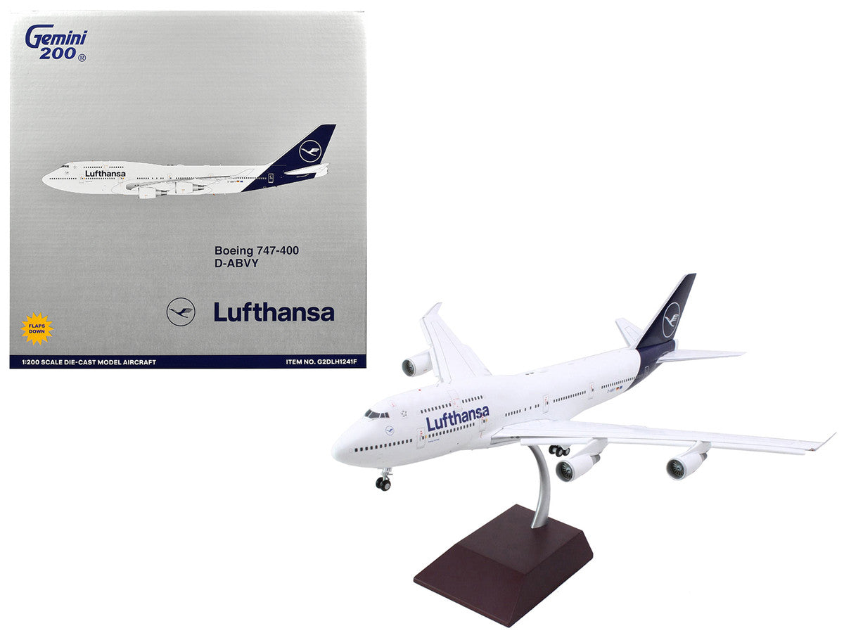 Boeing 747-400 Commercial Aircraft with Flaps Down "Lufthansa" (D-ABVY) White with Dark Blue Tail "Gemini 200" Series 1/200 Diecast Model Airplane by GeminiJets-0