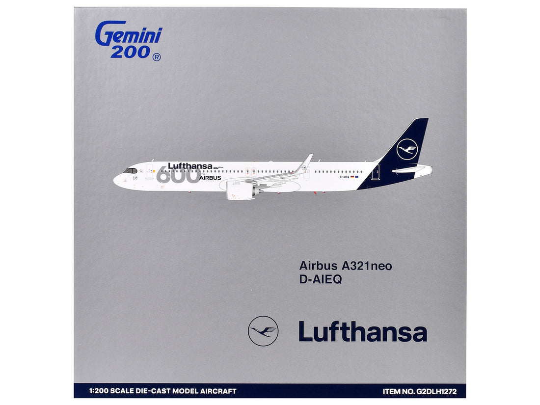 Airbus A321neo Commercial Aircraft "Lufthansa - 600th Airbus Aircraft" (D-AIEQ) White with Dark Blue Tail "Gemini 200" Series 1/200 Diecast Model Airplane by GeminiJets-1