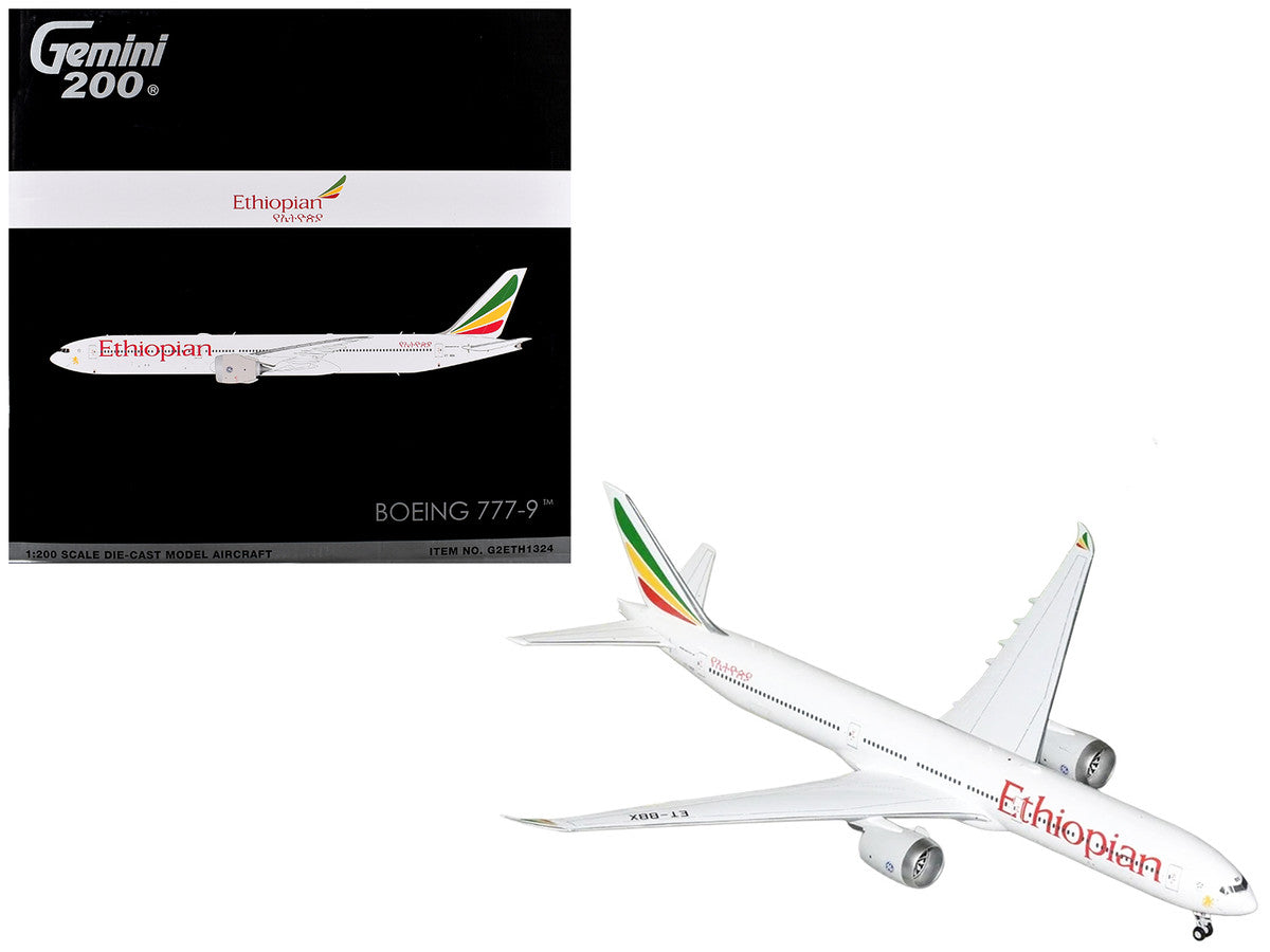 Boeing 777-9 Commercial Aircraft "Ethiopian Airlines" (ET-BBX) White with Tail Stripes "Gemini 200" Series 1/200 Diecast Model Airplane by GeminiJets-0