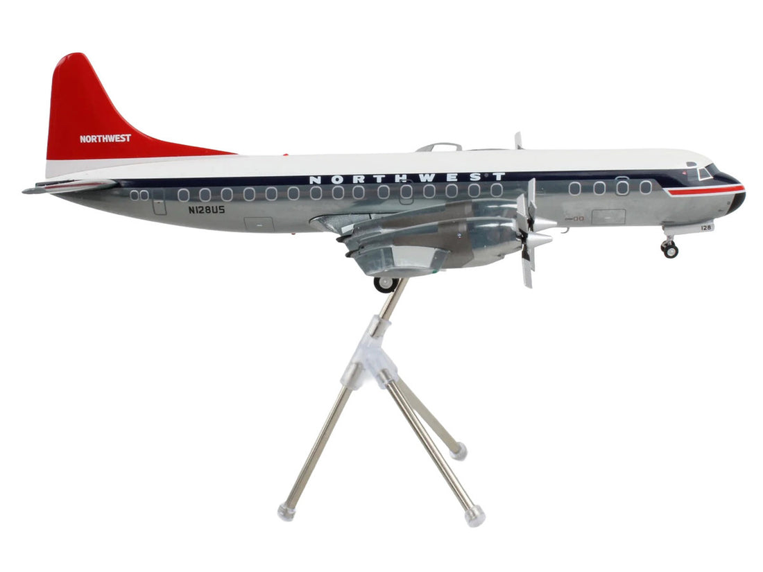 Lockheed L-188 Electra Commercial Aircraft "Northwest Orient" (N128US) White and Gray with Blue Stripes and Red Tail "Gemini 200" Series 1/200 Diecast Model Airplane by GeminiJets 2