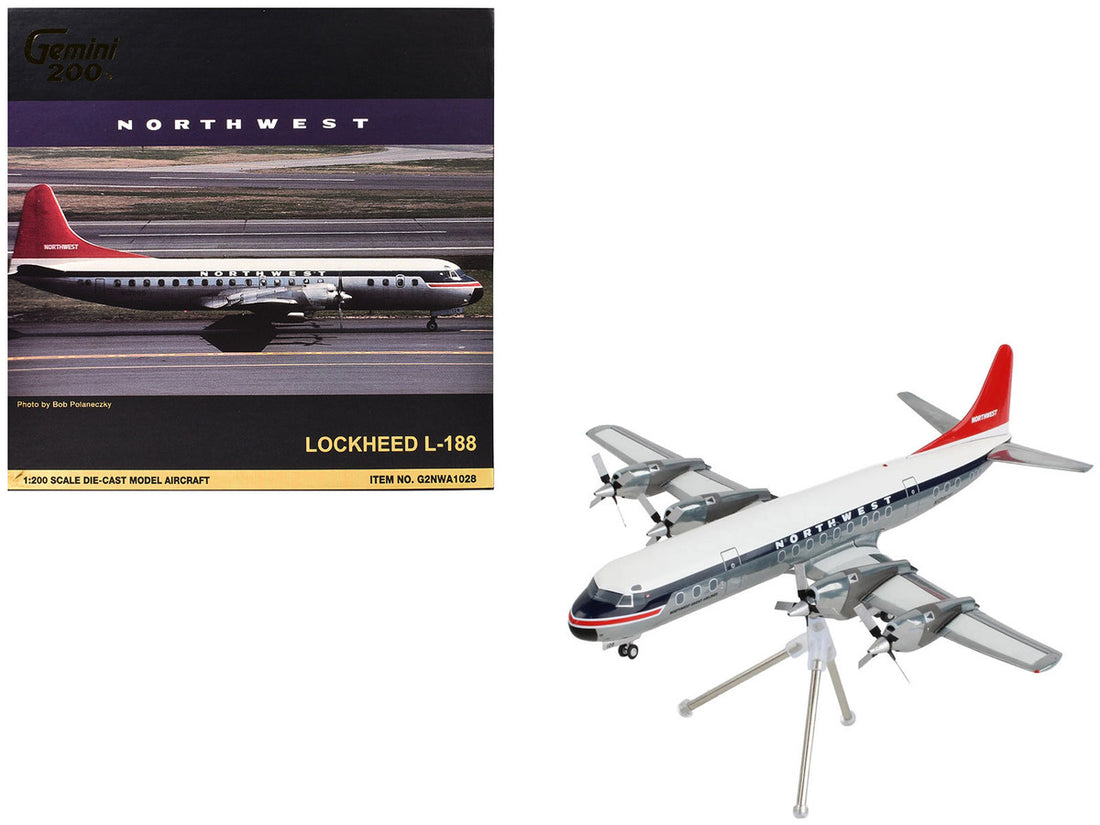Lockheed L-188 Electra Commercial Aircraft "Northwest Orient" (N128US) White and Gray with Blue Stripes and Red Tail "Gemini 200" Series 1/200 Diecast Model Airplane by GeminiJets 4