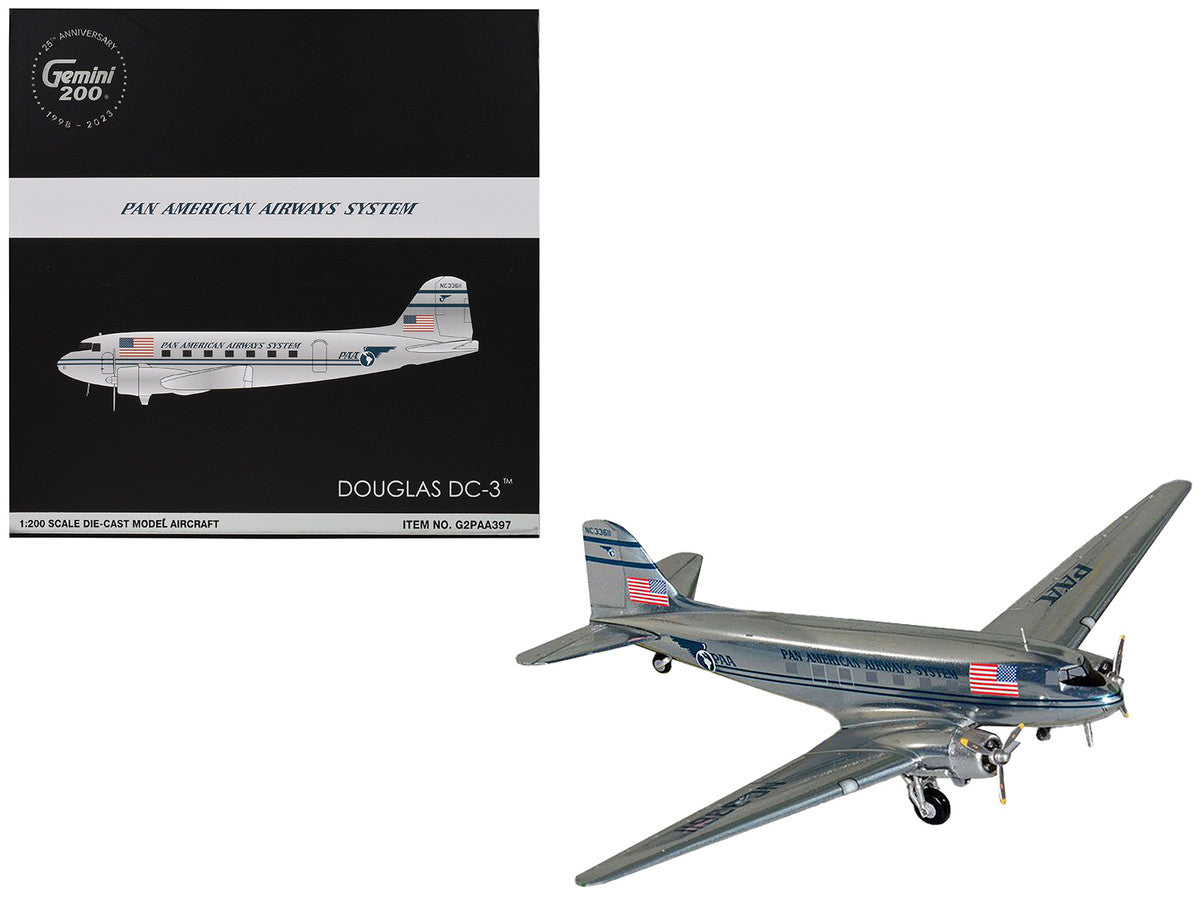 Douglas DC-3 Commercial Aircraft "Pan American Airways" (NC33611) Polished Metal Finish "Gemini 200" Series 1/200 Diecast Model Airplane by GeminiJets-0