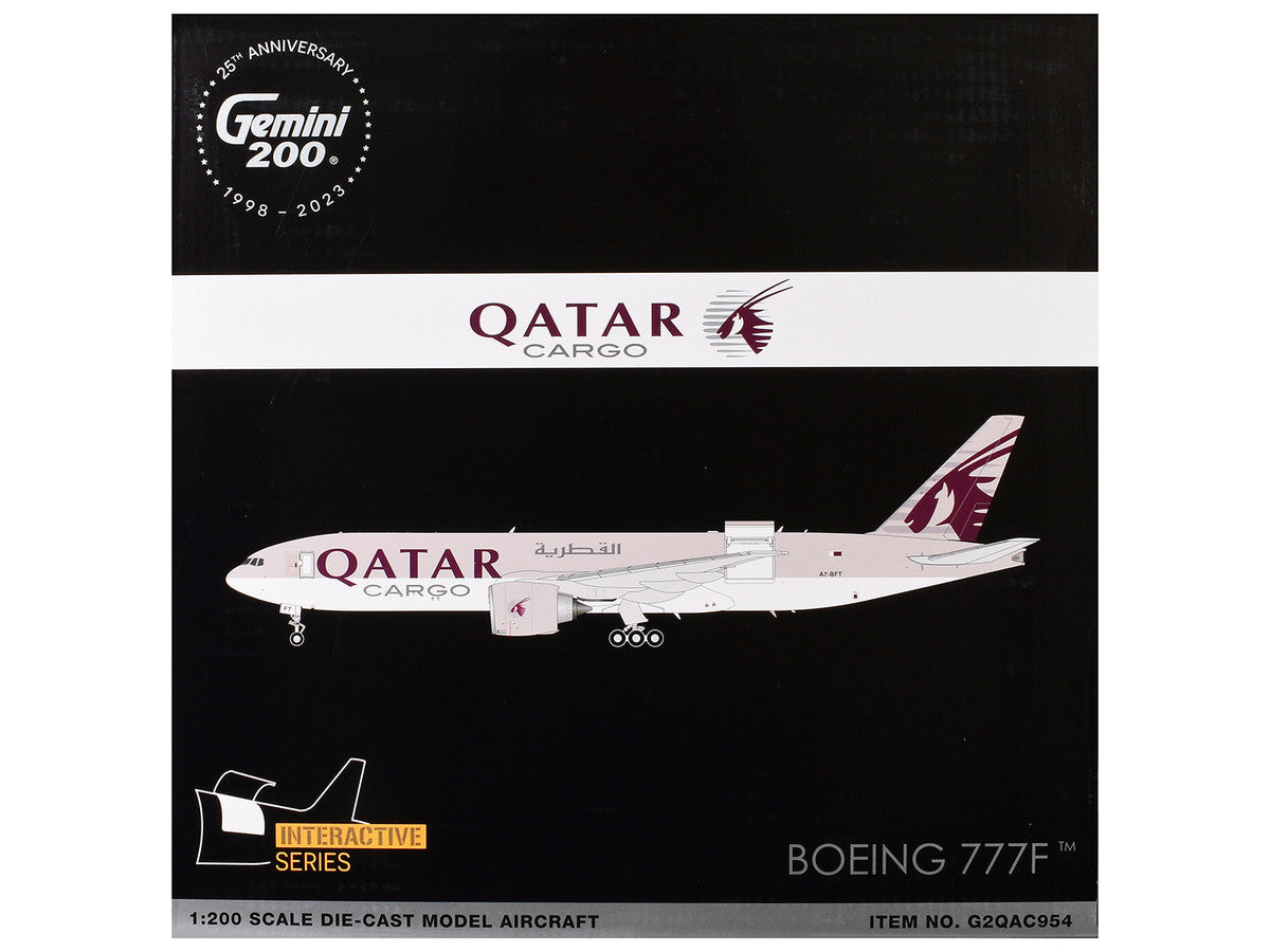 Boeing 777F Commercial Aircraft "Qatar Cargo" (A7-BFT) Gray with Tail Graphics "Gemini 200 - Interactive" Series 1/200 Diecast Model Airplane by GeminiJets-1