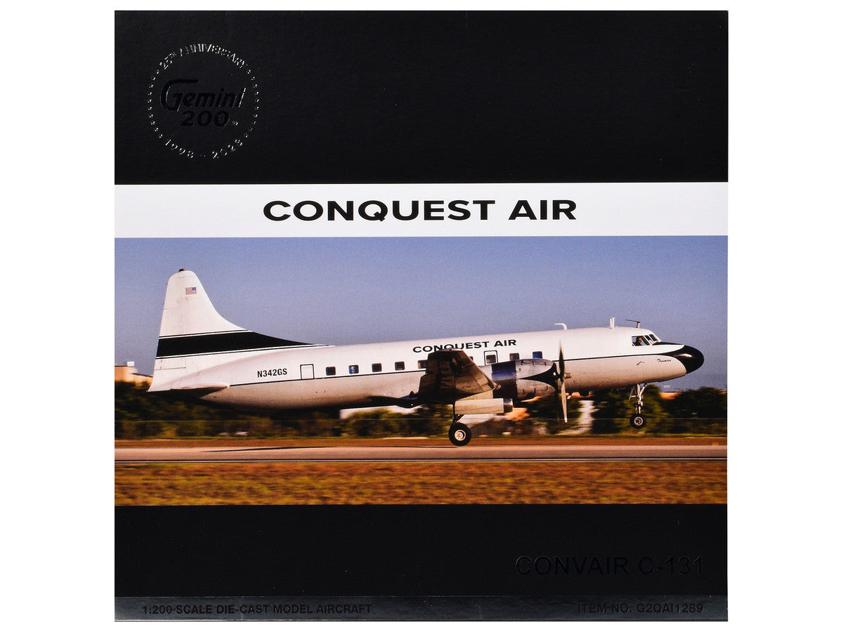 Convair C-131 Commercial Aircraft "Conquest Air Cargo" (N342GS) White with Black Tail Stripes "Gemini 200" Series 1/200 Diecast Model Airplane by GeminiJets-1