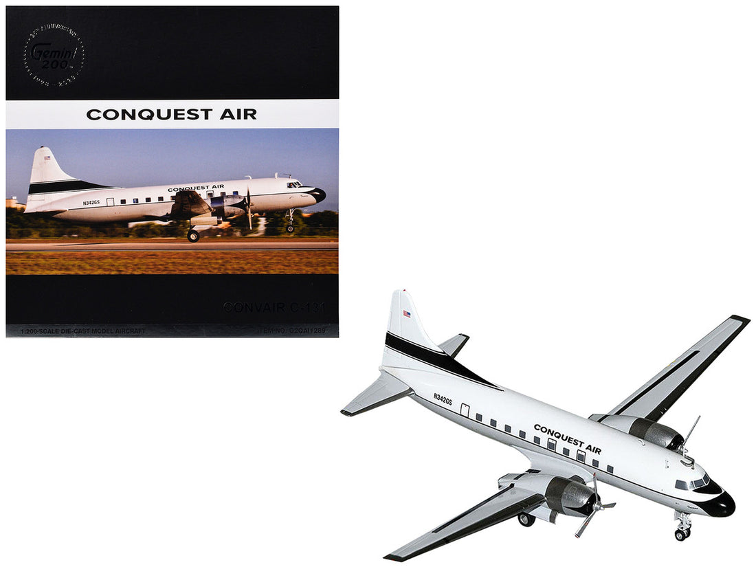 Convair C-131 Commercial Aircraft "Conquest Air Cargo" (N342GS) White with Black Tail Stripes "Gemini 200" Series 1/200 Diecast Model Airplane by GeminiJets-2