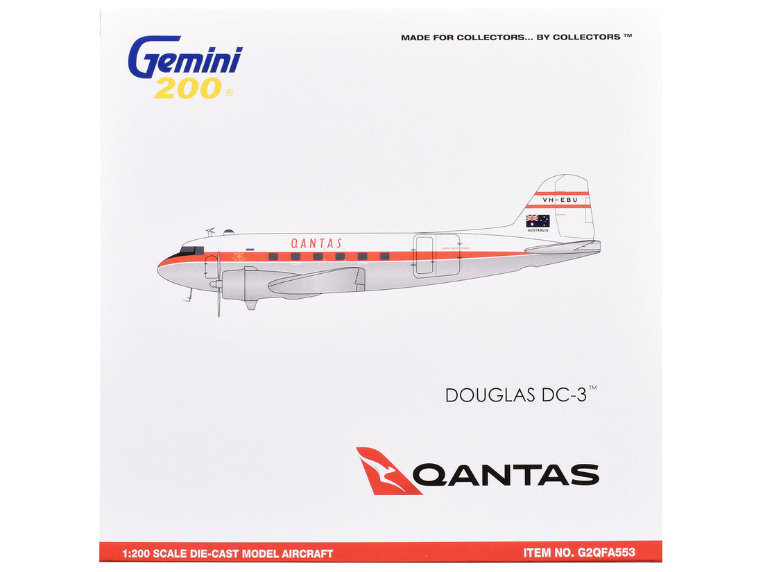 Douglas DC-3 Commercial Aircraft "Qantas Airways" (VH-EBU) White with Red Stripes "Gemini 200" Series 1/200 Diecast Model Airplane by GeminiJets-2