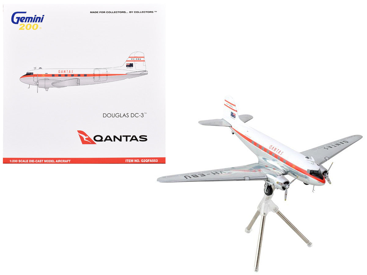 Douglas DC-3 Commercial Aircraft "Qantas Airways" (VH-EBU) White with Red Stripes "Gemini 200" Series 1/200 Diecast Model Airplane by GeminiJets-0