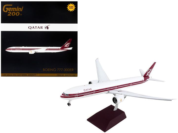 Boeing 777-300ER Commercial Aircraft with Flaps Down "Qatar Airways" White with Dark Red Stripes "Gemini 200" Series 1/200 Diecast Model Airplane by GeminiJets-0